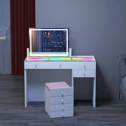 VanitiSet Reveal | Lift-Top LED Mirror, RGB Glass Top Vanity Desk, Hidden Stool, White