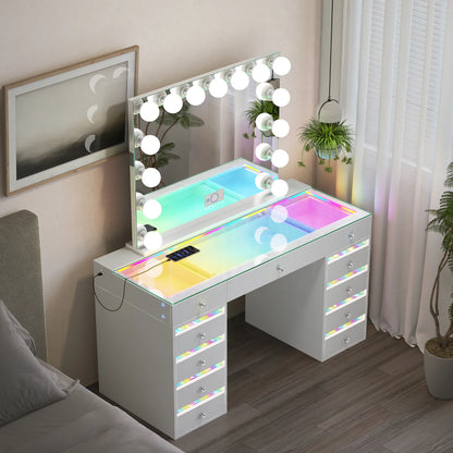 VanitiSet Solara | Modern Vanity Desk With Mirror, RGB Lights & Glass Top Storage