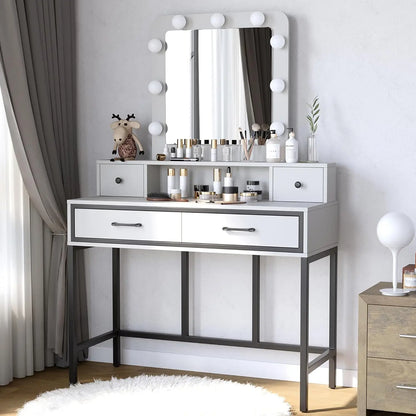 Vanity Desk with Hollywood Mirror, 4 Drawers, and Adjustable LED Lighting - LP Replenish