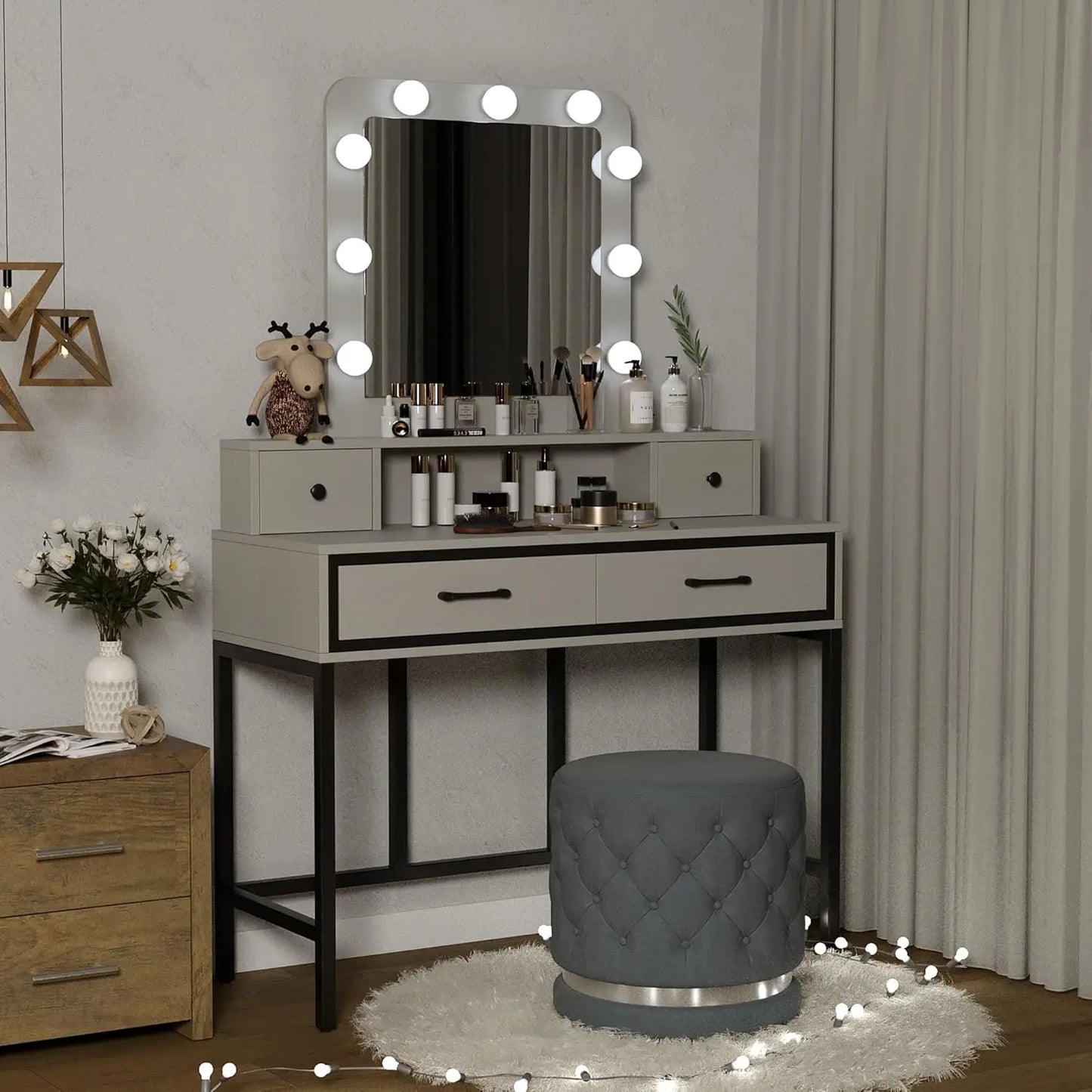 Vanity Desk with Hollywood Mirror, 4 Drawers, and Adjustable LED Lighting
