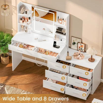 Modern Corner Vanity Desk with LED Mirror, Power Outlet & 8 Drawers - LP Replenish