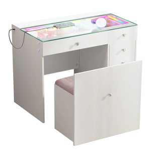 VanitiBar Snug | 36 Inch Vanity Desk with Hidden Storage Stool, RGB Glass Top, White