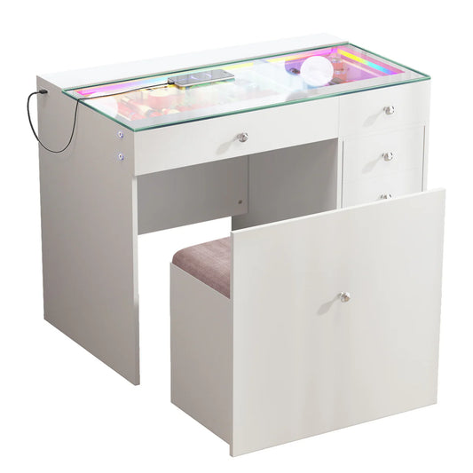 VanitiBar Snug | 36 Inch Vanity Desk with Hidden Storage Stool, RGB Glass Top, White