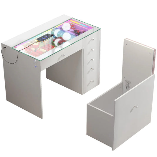 VanitiBar Snug | 36 Inch Vanity Desk with Hidden Storage Stool, RGB Glass Top, White