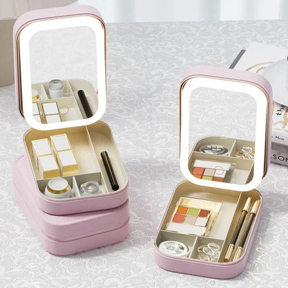 GoGlow Chic | Travel Makeup Mirror with Storage, LED Light Portable Organizer Case