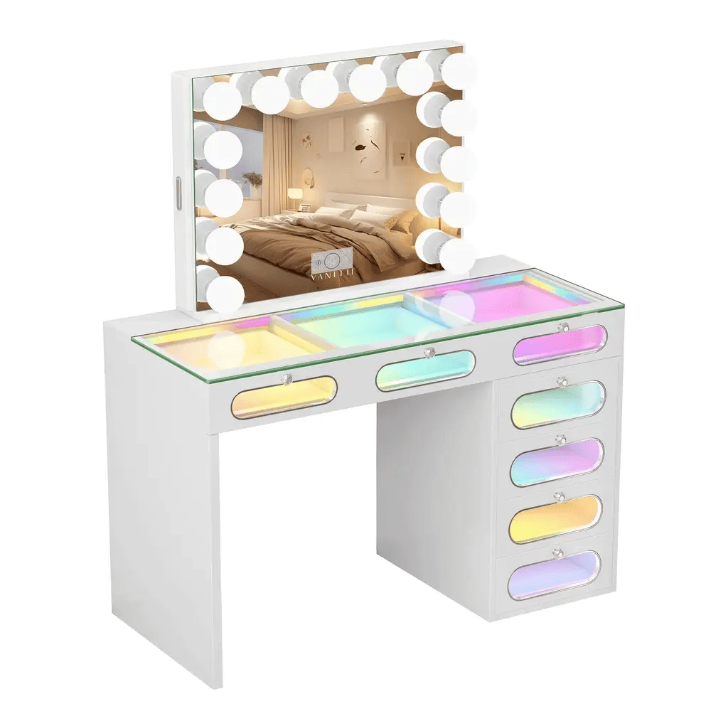VanitiSet Halo Circle | LED Vanity Desk and Hollywood Bluetooth Mirror Set