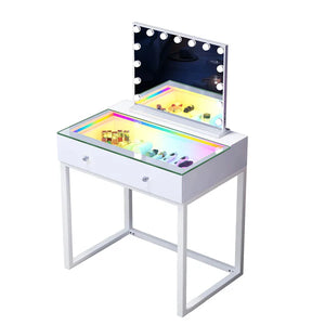 VanitiSet Icon 1.0 | Small Vanity Desk & Hollywood Mirror Set With RGB Glass Top Storage