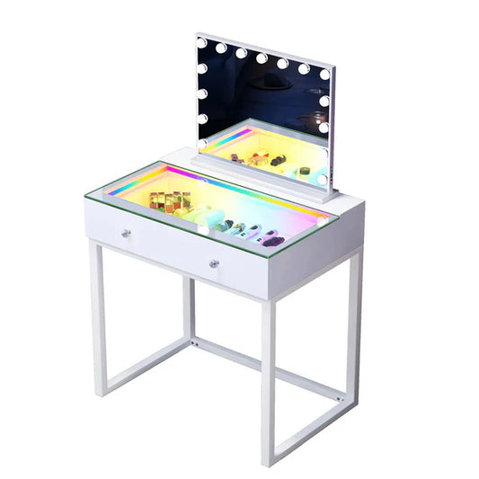 VanitiSet Icon 1.0 | Small Vanity Desk & Hollywood Mirror Set With RGB Glass Top Storage