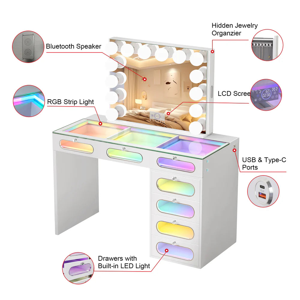 VanitiSet Halo Circle | LED Vanity Desk and Hollywood Bluetooth Mirror Set