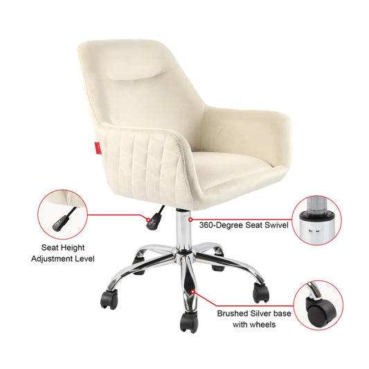 VanitiSeat Bellezza | Swivel Adjustable Velvet Chair, Cream, Pink & Grey