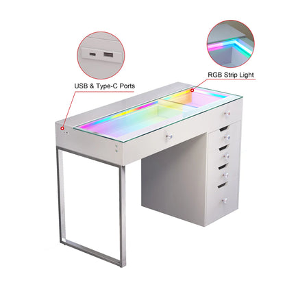 VanitiBar Halo | Glass Top Vanity Desk, Diamond Knobs & Storage