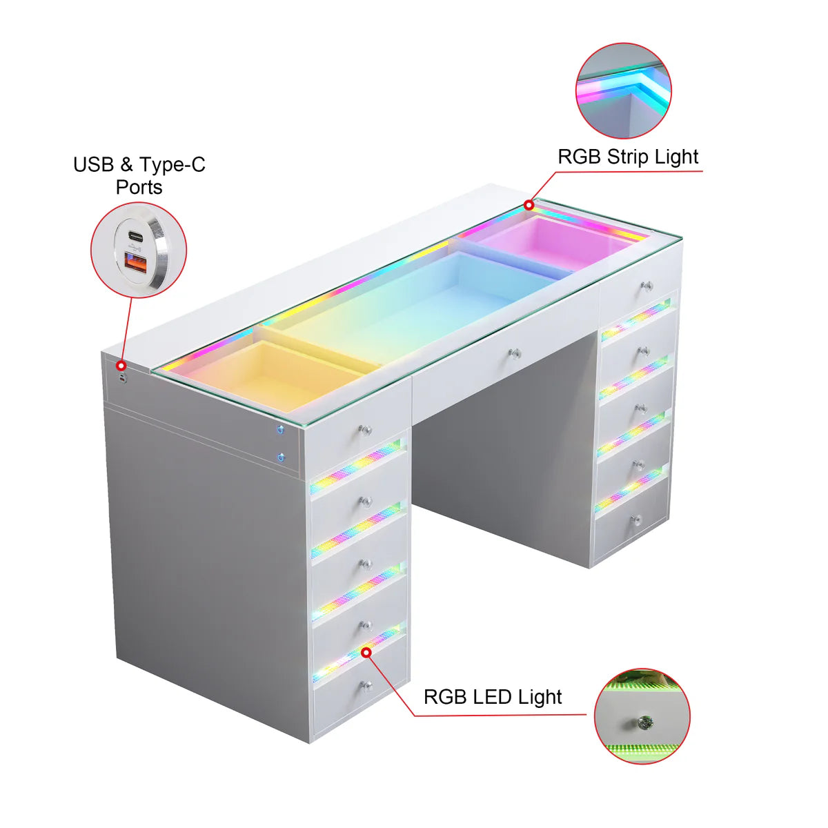 VanitiBar Solara | RGB Glam Vanity Desk with Glass Top and Storage