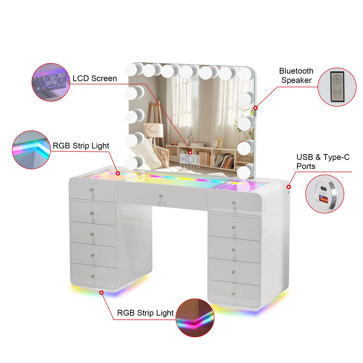 VanitiSet Luma Arc | Modern Glam Vanity Desk with Hollywood Mirror and Storage