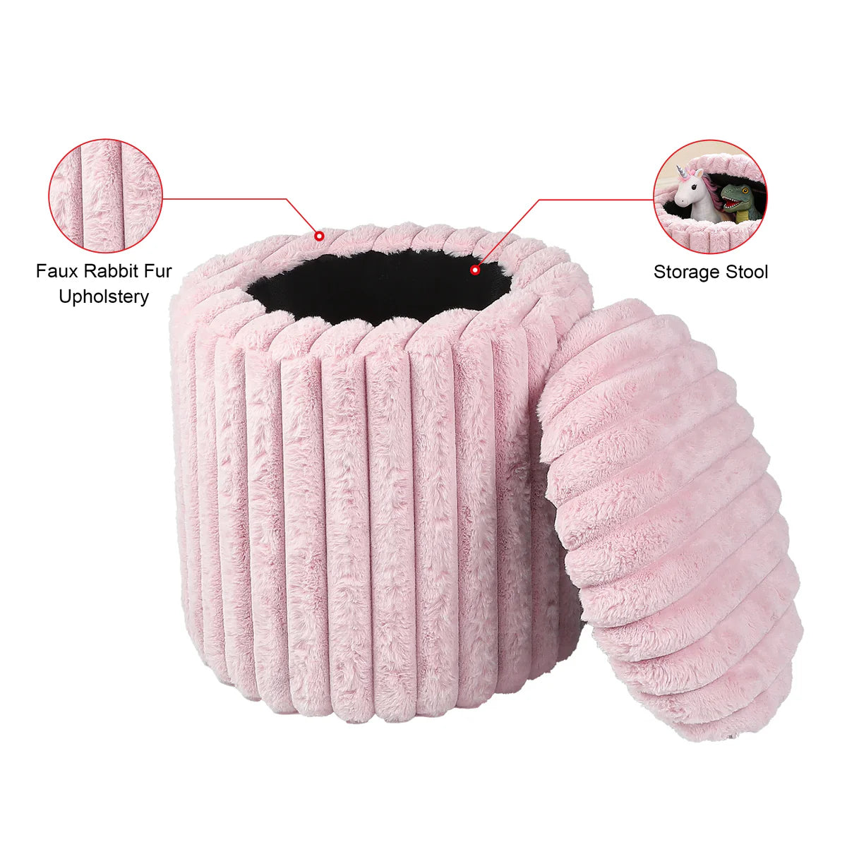VanitiSeat Fluff | Faux Rabbit Fur Storage Stool, 15.75 Inch
