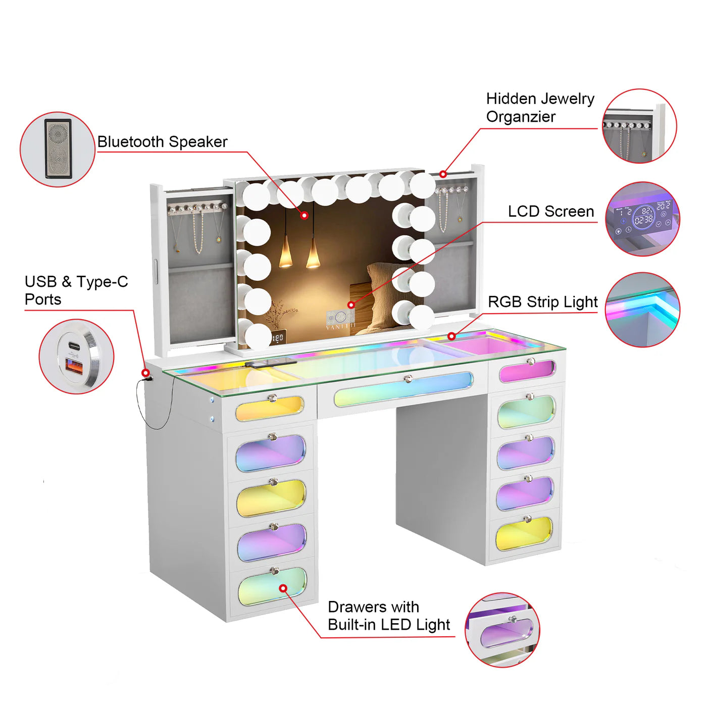 VanitiSet Aura Circle | LED Vanity Desk and Hollywood Bluetooth Mirror Set