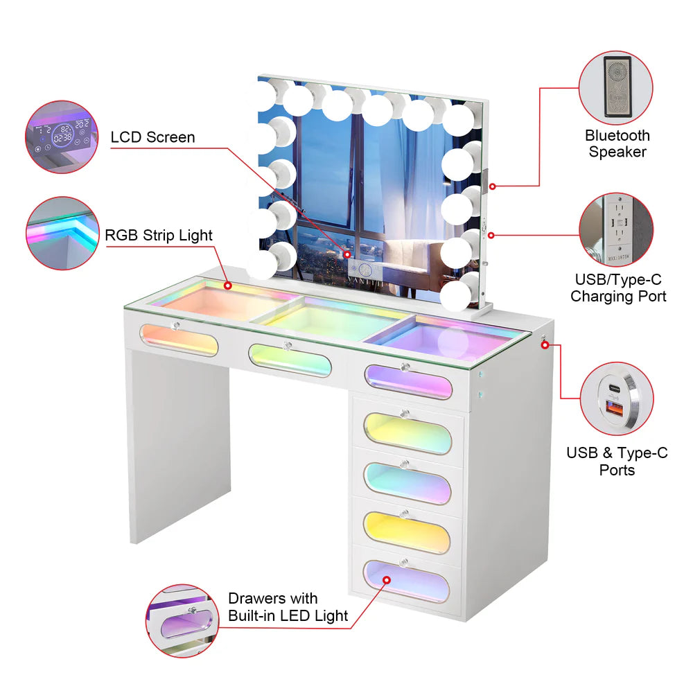 VanitiSet Halo Circle | LED Vanity Desk and Hollywood Bluetooth Mirror Set