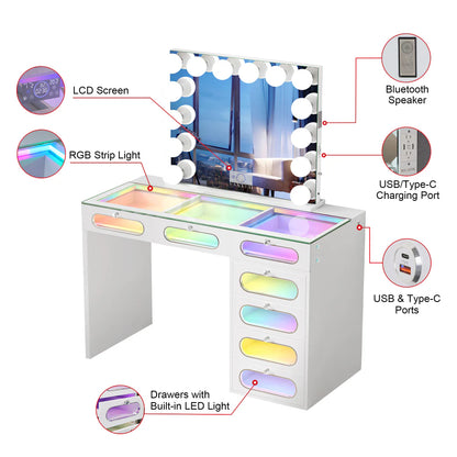 VanitiSet Halo Circle | LED Vanity Desk and Hollywood Bluetooth Mirror Set