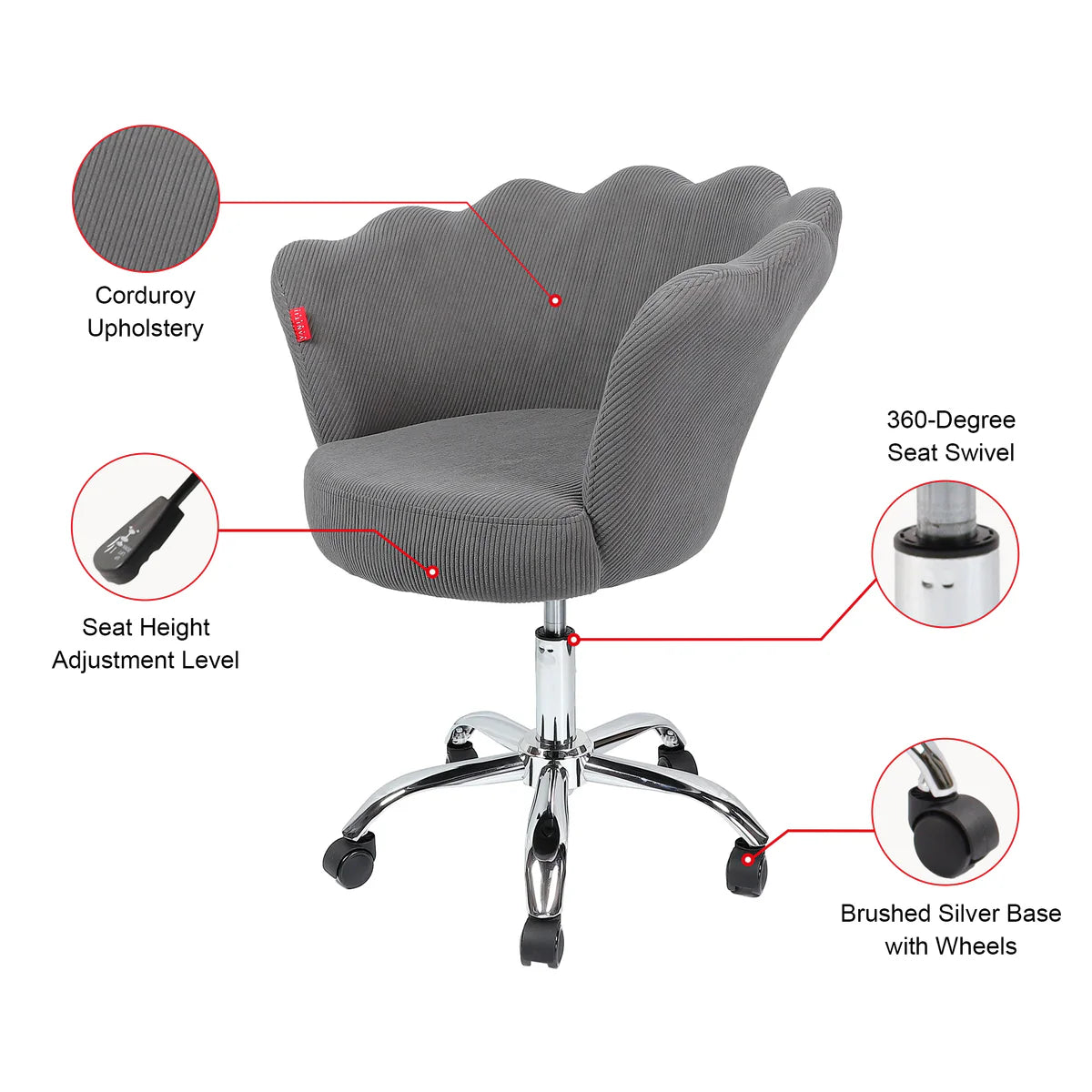 VanitiSeat Rosette | Corduroy Swivel Vanity Chair, Adjustable Height
