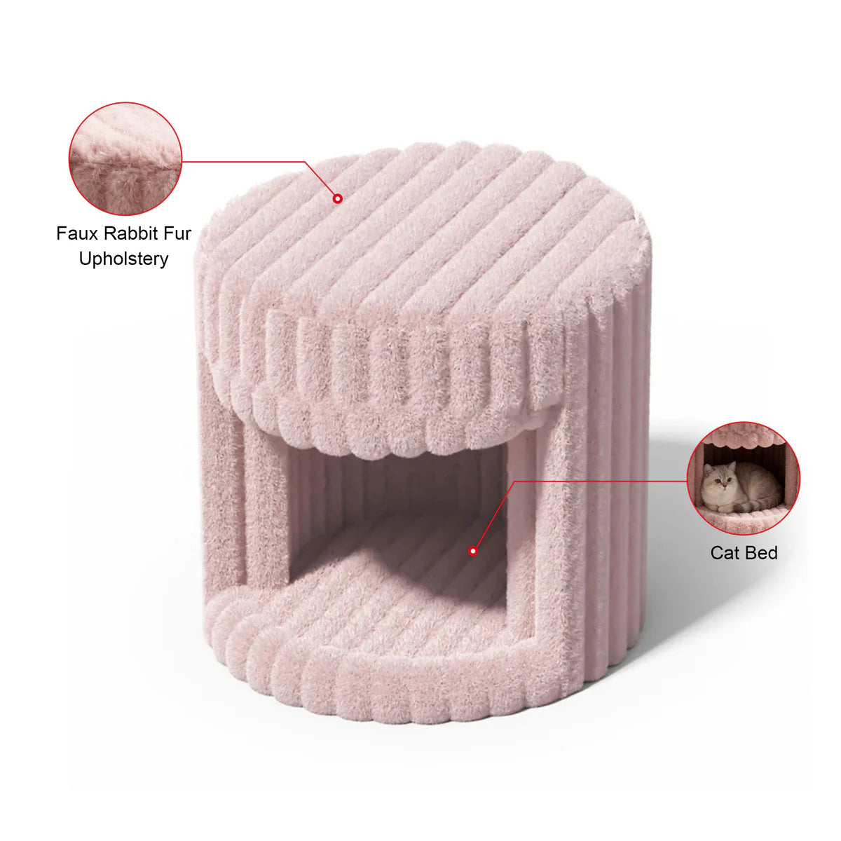 VanitiSeat Princessa | Faux Rabbit Fur Vanity Stool with Hidden Cat Bed, Blush Pink, Grey