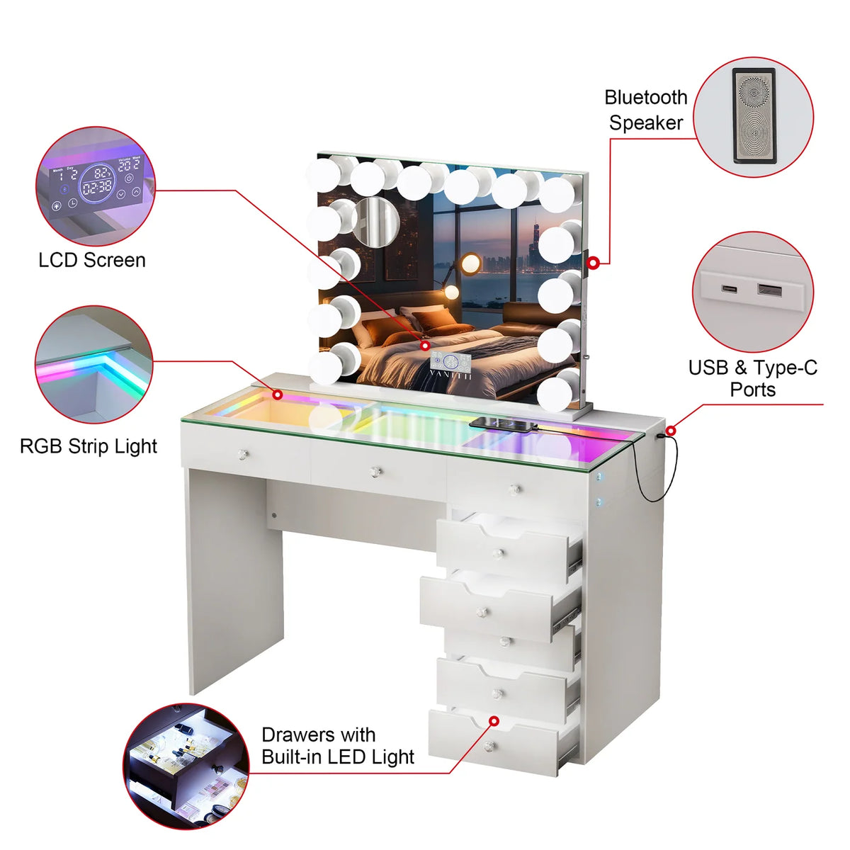 VanitiSet Pixie Gleam | 8 Drawer Desk with Lighted Drawers & 14 Bulb Mirror