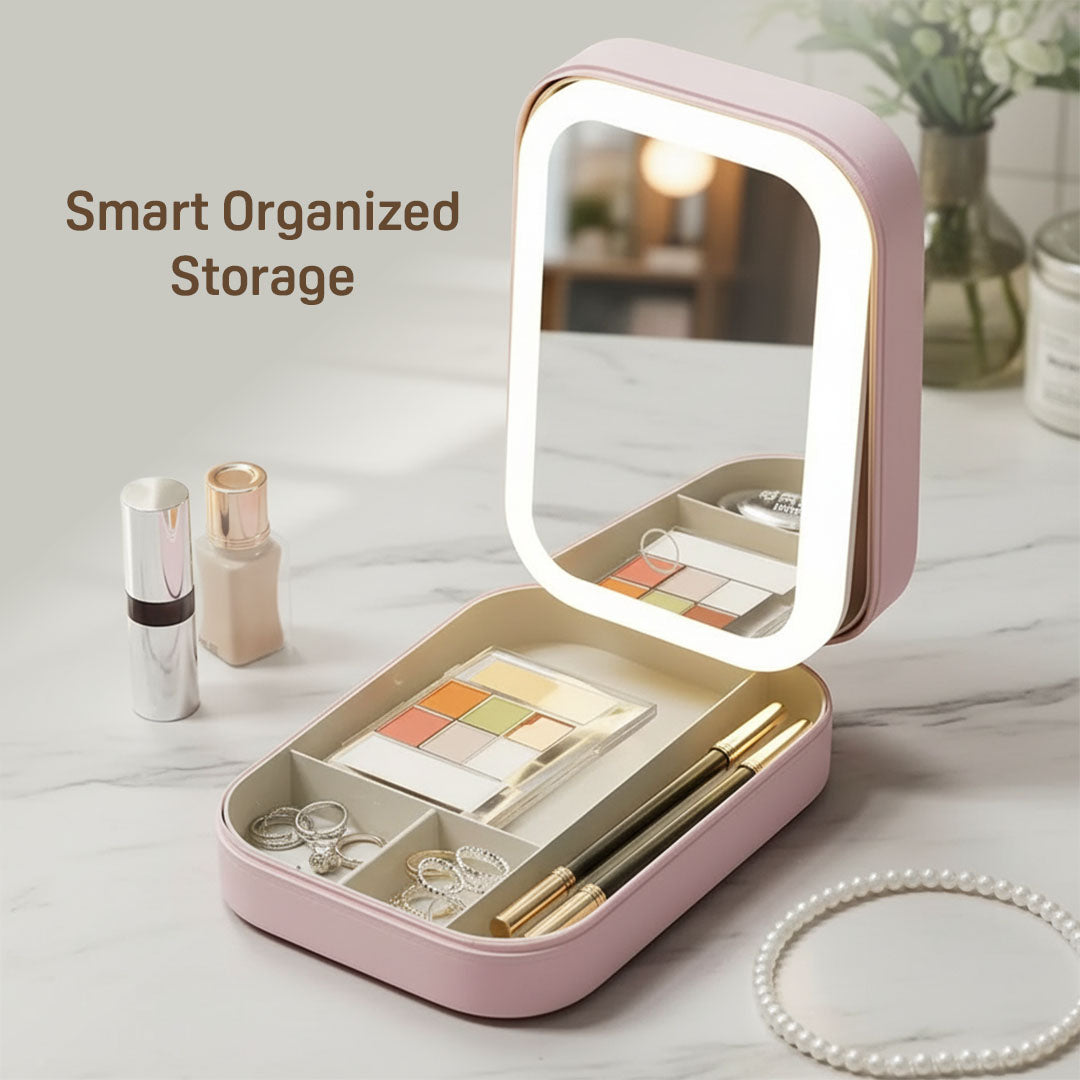 GoGlow Chic | Travel Makeup Mirror with Storage, LED Light Portable Organizer Case