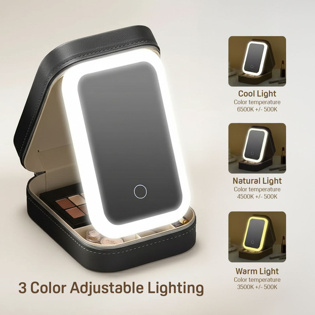 GoGlow Chic | Travel Makeup Mirror with Storage, LED Light Portable Organizer Case