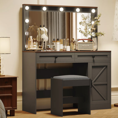 Black Makeup Vanity Table with LED Mirror, Storage, and Stool - LP Replenish