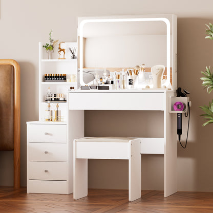 Vanity Table with LED Mirror, Adjustable Lighting, Storage, and Stool - LP Replenish