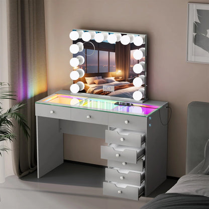 VanitiSet Pixie Gleam | 8 Drawer Desk with Lighted Drawers & 14 Bulb Mirror