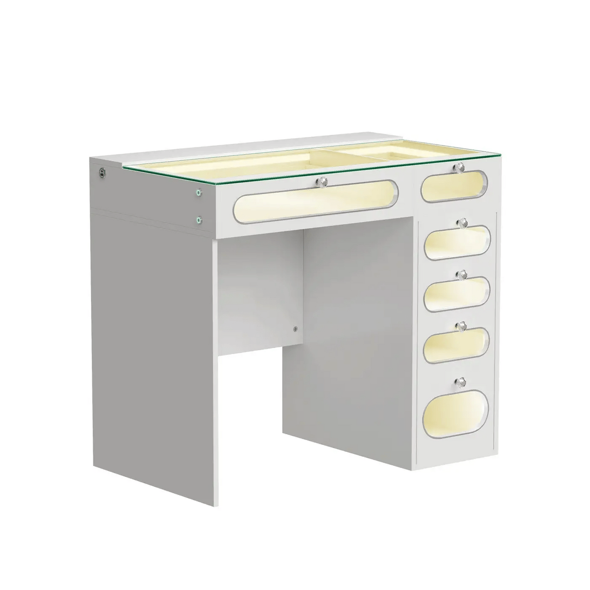 VanitiBar Nova Circle | 36 Inch Desk with 6 Glass-Front Drawers & RGB Lights