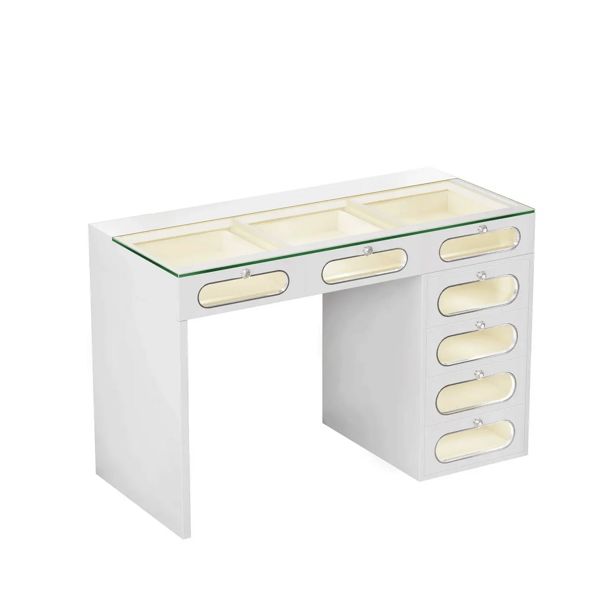 VanitiBar Halo Circle | 47 Inch Vanity with 7 Glass-Front Drawers, Crystal Handles & RGB Lights