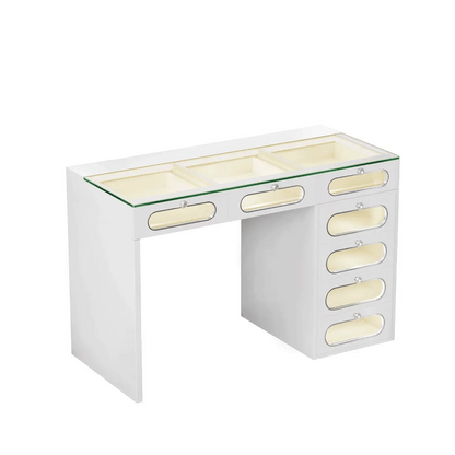 VanitiBar Halo Circle | 47 Inch Vanity with 7 Glass-Front Drawers, Crystal Handles & RGB Lights