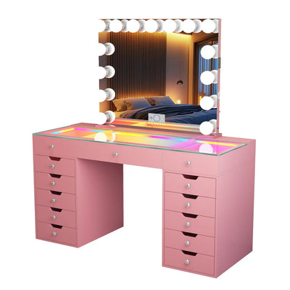 VanitiSet Pro Ultimate | 59" Glass Top Vanity Set with 15-Bulb Hollywood Mirror, 13 Drawers, RGB Lights & Swivel Chair