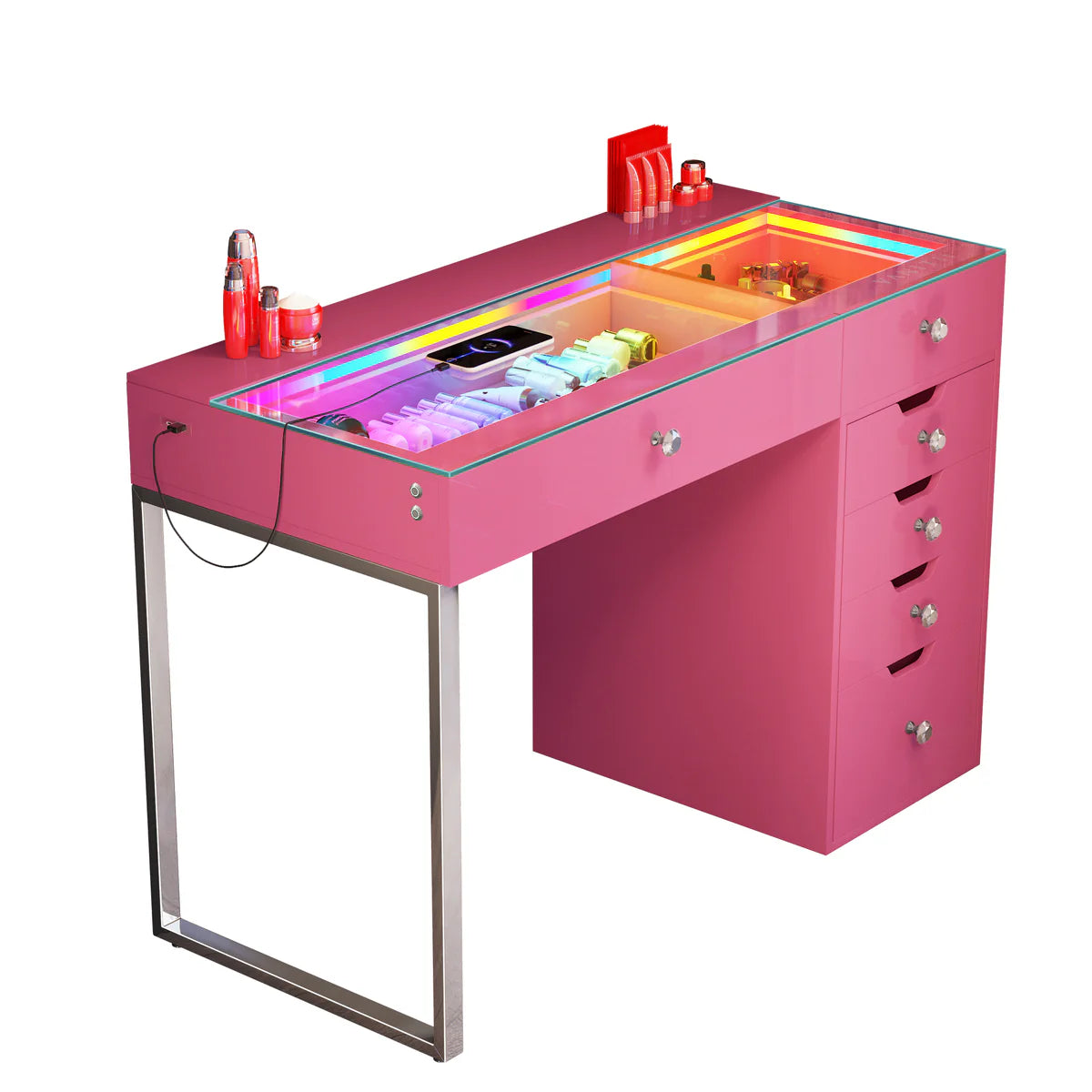 VanitiBar Halo | Glass Top Vanity Desk, Diamond Knobs & Storage
