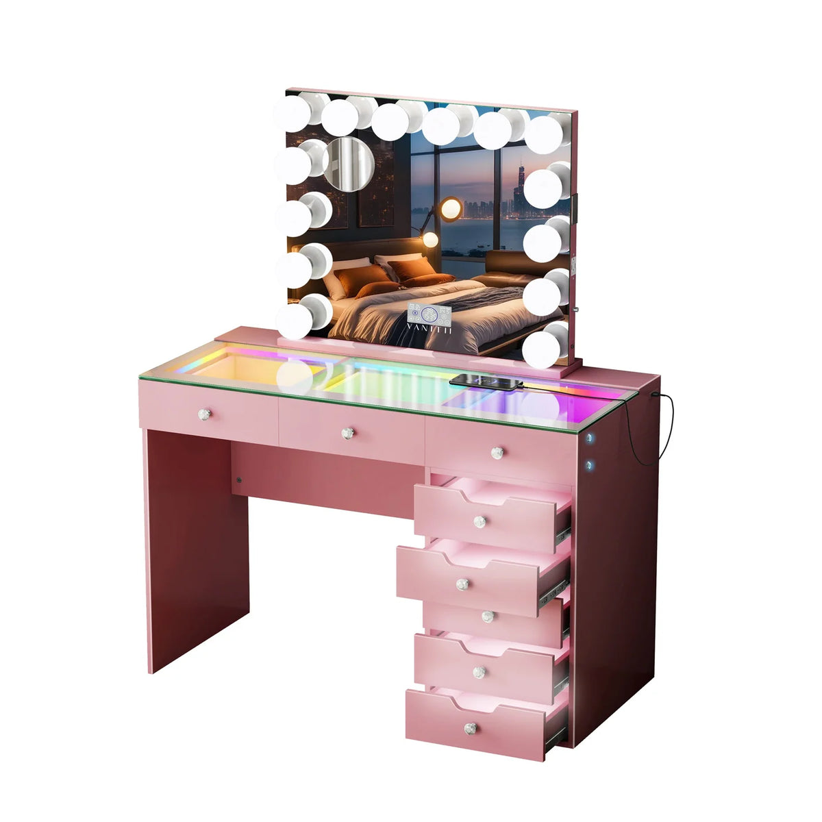 VanitiSet Pixie Gleam | 8 Drawer Desk with Lighted Drawers & 14 Bulb Mirror