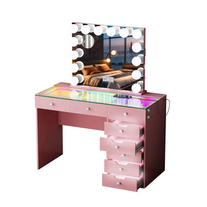 VanitiSet Pixie Gleam | 8 Drawer Desk with Lighted Drawers & 14 Bulb Mirror