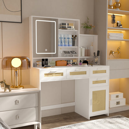 White Vanity Desk with LED Mirror, Storage, and Charging Station - LP Replenish