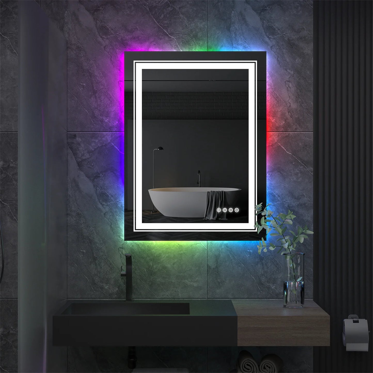 Large Bathroom LED Vanity Mirror with RGB Color Changing Backlit and Dimmable Anti-Fog Features