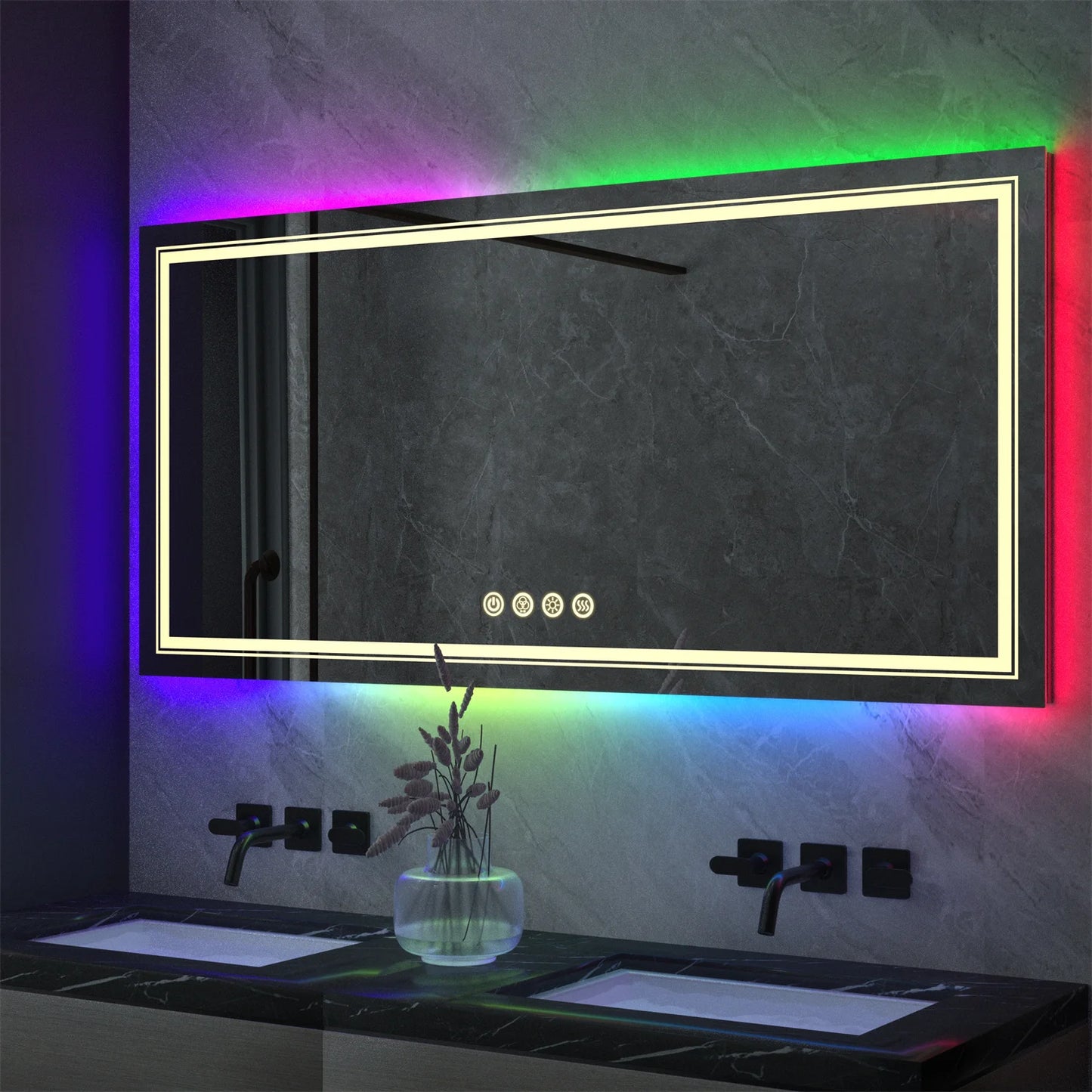 Large Bathroom LED Vanity Mirror with RGB Color Changing Backlit and Dimmable Anti-Fog Features