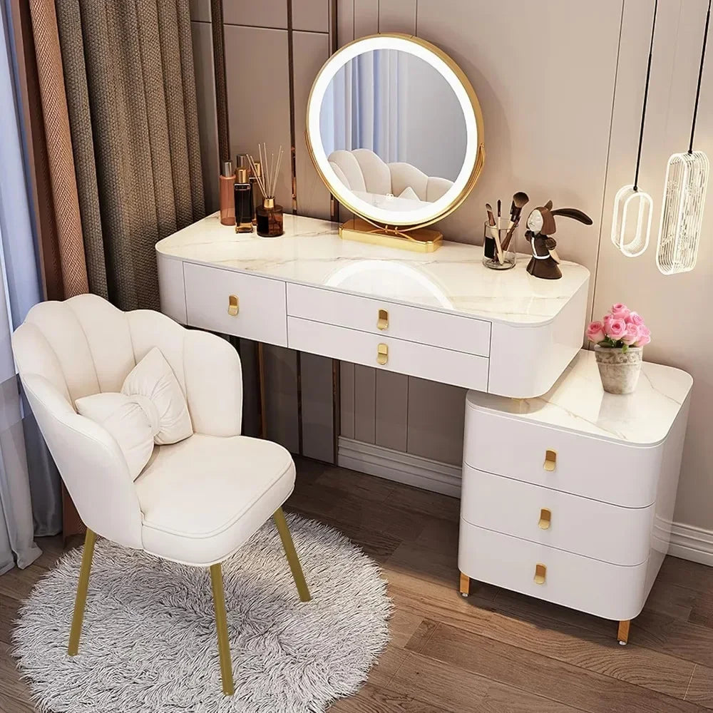 Makeup Vanity with Soft Chair & 3-Color LED Mirror for Modern Rooms – Lumina Pro