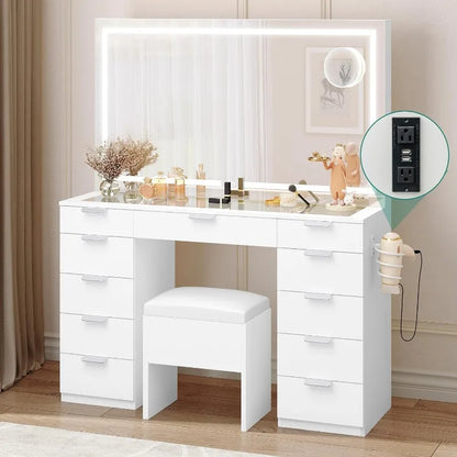 Large Vanity Desk Set with LED Lighted Mirror, Glass Top, Vanity Drawer and Power Outlet - LP Replenish