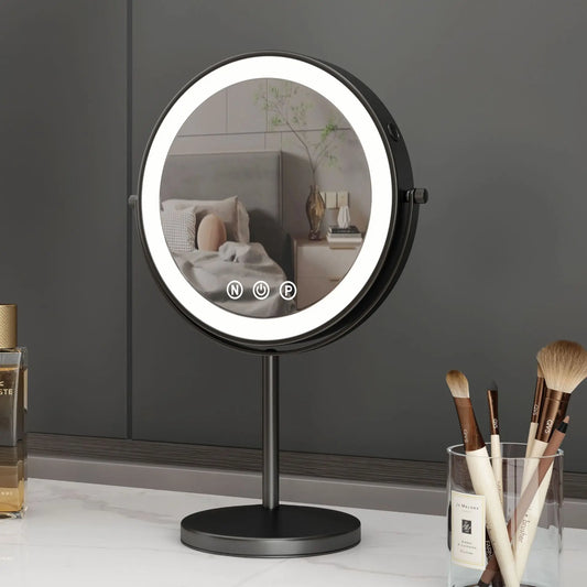 9 Inch Double-Sided LED Black Metal Vanity Mirror with 3x Magnification and Adjustable Brightness