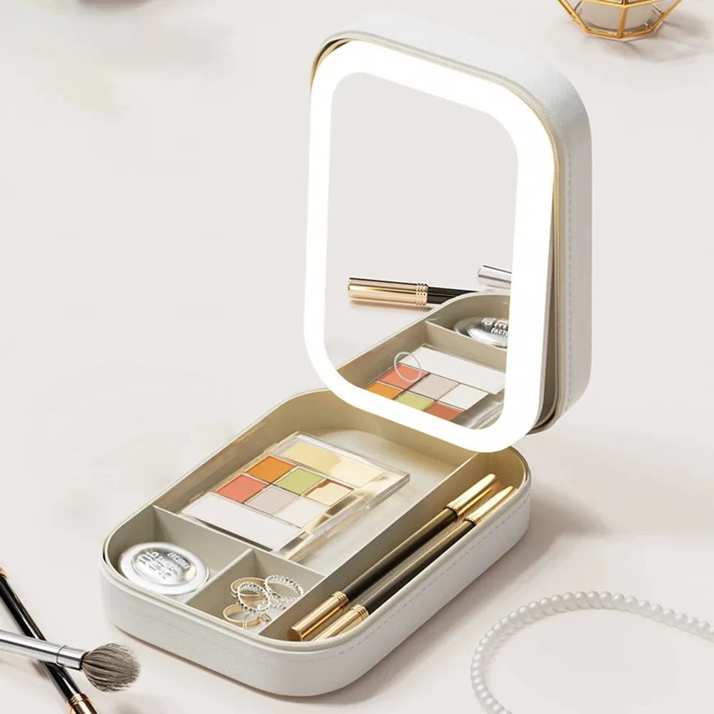 GoGlow Chic | Travel Makeup Mirror with Storage, LED Light Portable Organizer Case
