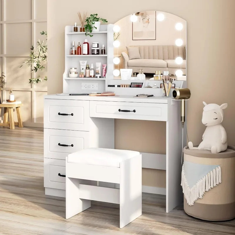 Makeup Vanity Desk with Lights and 4 Drawers and Arched Vanity Mirror