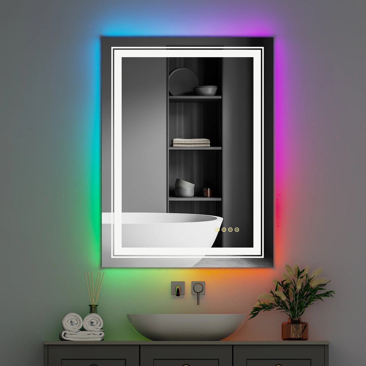 Large Bathroom LED Vanity Mirror with RGB Color Changing Backlit and Dimmable Anti-Fog Features