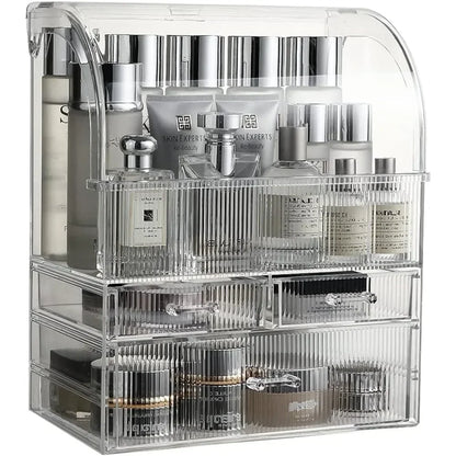 Clear Ribbed Pattern Large Clear Makeup Organizer with Drawers and Lid - LP Replenish