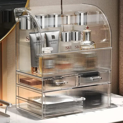 Clear Ribbed Pattern Large Clear Makeup Organizer with Drawers and Lid - LP Replenish