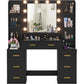 Glass Top Vanity Desk with Drawers, Vanity Mirror with Lights and Charging Station