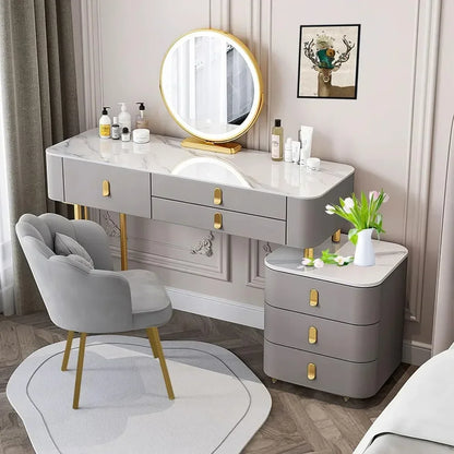 Modern Makeup Vanity with LED Mirror, 6 Drawers, Rock Slab Countertop, and Storage Chair - LP Replenish