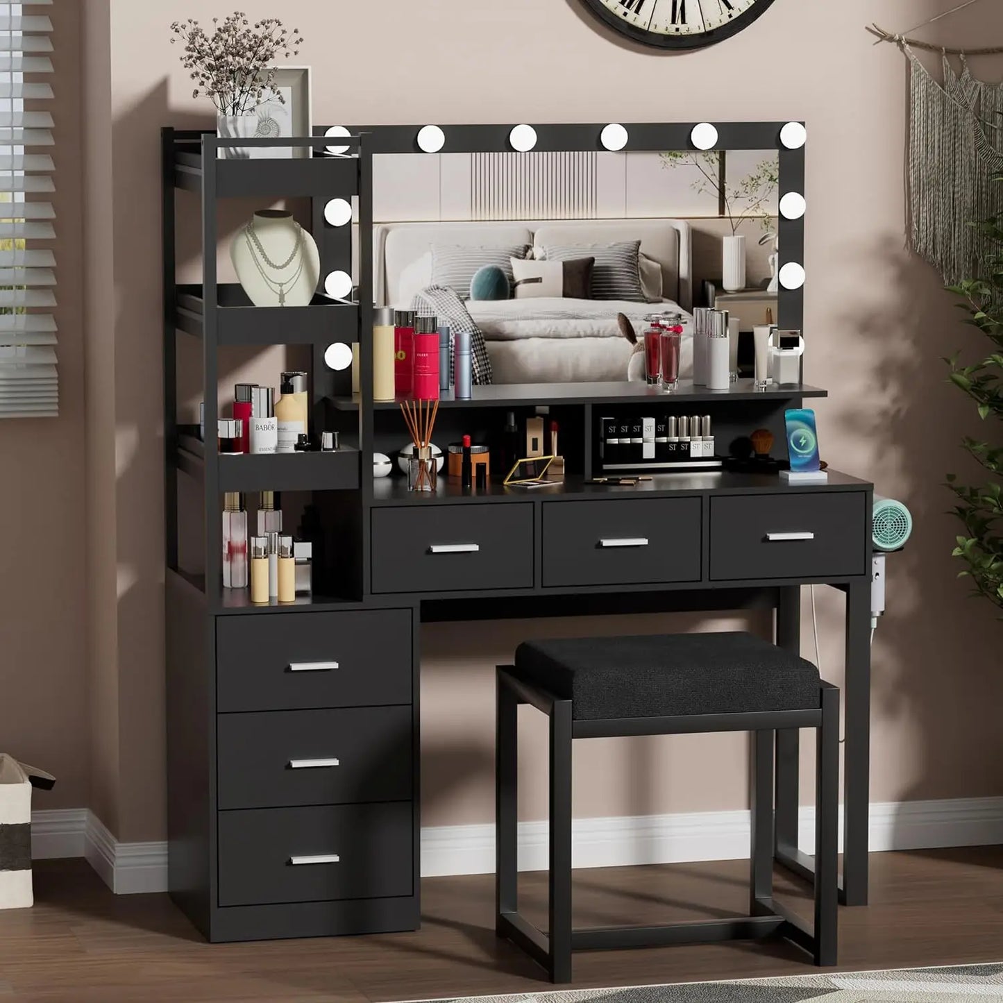 Vanity Makeup Desk Set with LED Lighted Hollywood Mirror, Power Outlet, and Extensive Storage